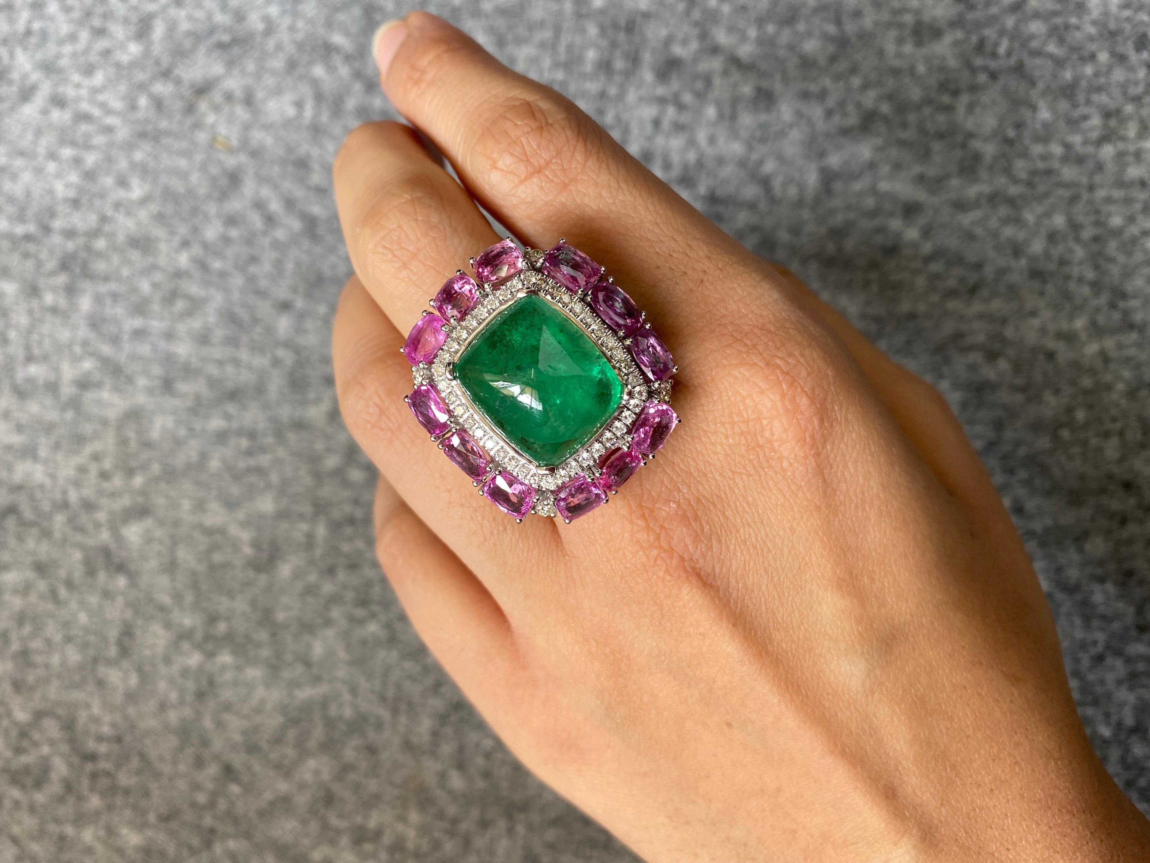 14.35 Carat Sugarloaf Emerald and Pink Sapphire and Diamond Cocktail Ring 2
