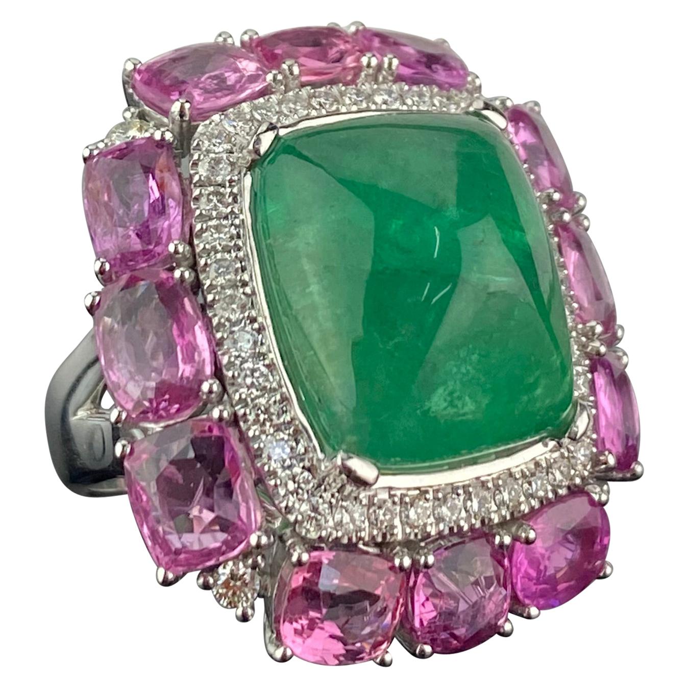 14.35 Carat Sugarloaf Emerald and Pink Sapphire and Diamond Cocktail Ring