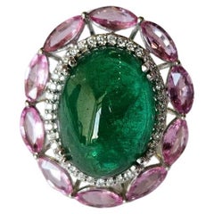 14.35 carats Zambian Emerald Cabochon, Pink Sapphires & Diamonds Cocktail Ring