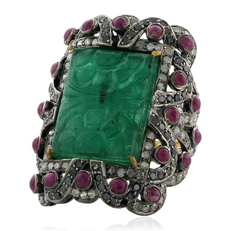 Contemporary 14.35 ct Carved Emerald Cocktail Ring With Ruby & Diamonds In 18k Gold & Silver For Sale