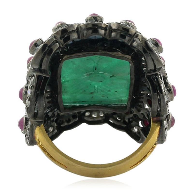 Contemporary 14.35 ct Carved Emerald Cocktail Ring With Ruby & Diamonds In 18k Gold & Silver For Sale