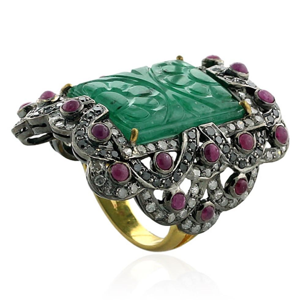 Mixed Cut 14.35 ct Carved Emerald Cocktail Ring With Ruby & Diamonds In 18k Gold & Silver For Sale