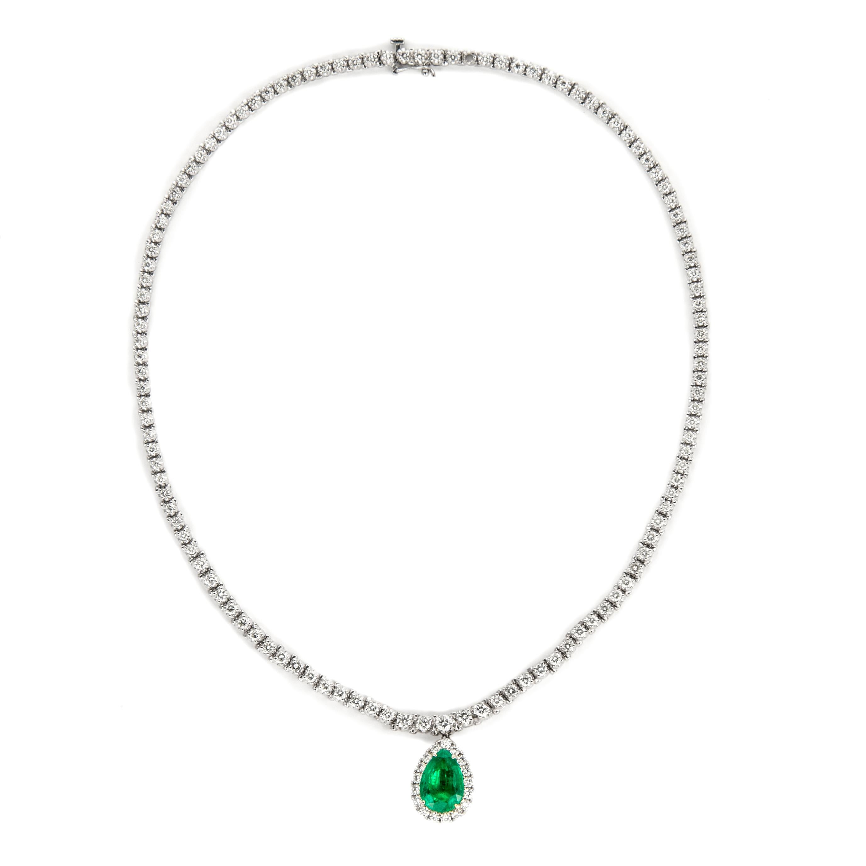 14,35 Karat Smaragd & Diamant-Tropfen-Tennis-Halskette 18k Weißgold Damen