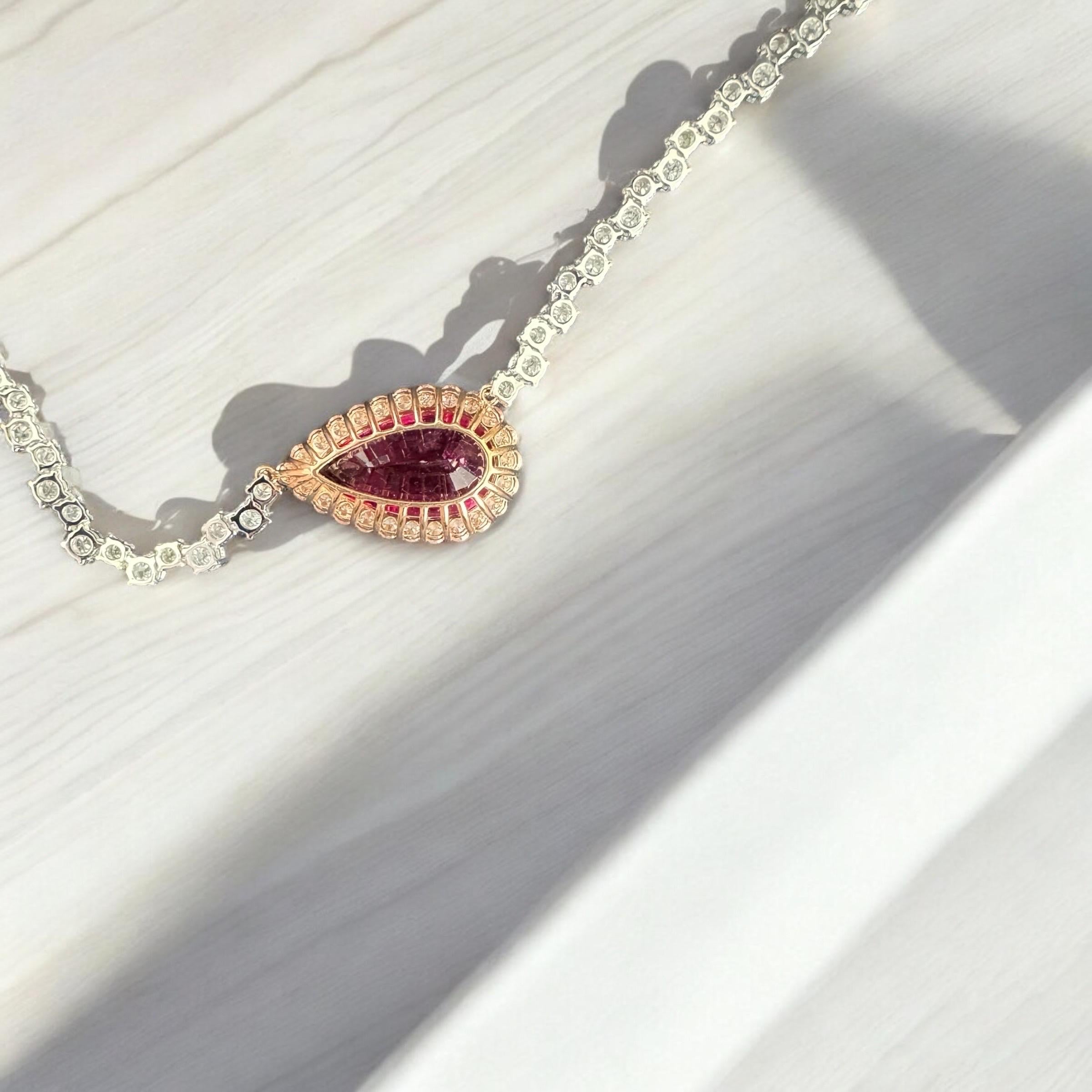 Pear Cut 14.36 Carat Rubellite and Diamond Tennis Necklace For Sale