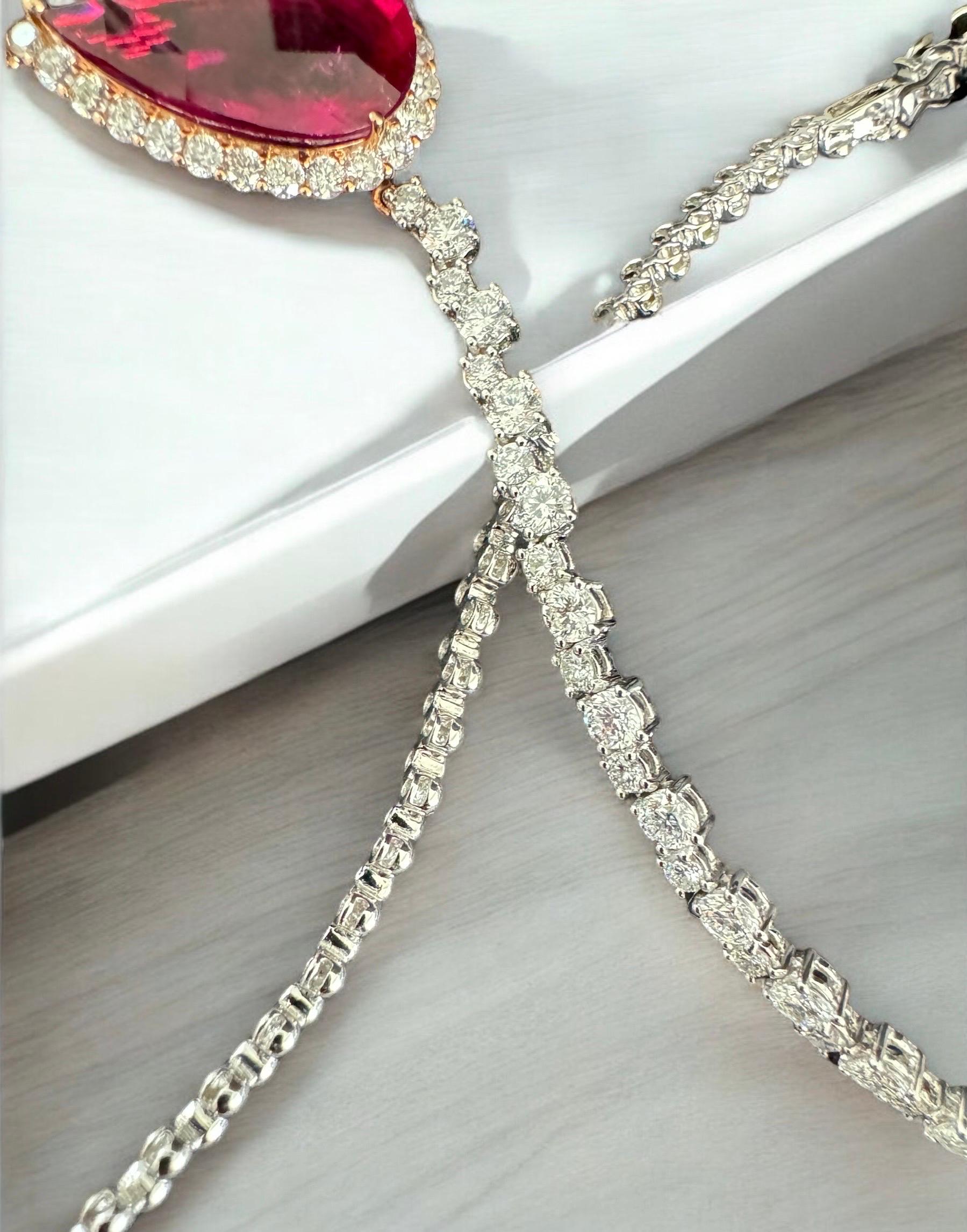 Women's or Men's 14.36 Carat Rubellite and Diamond Tennis Necklace For Sale