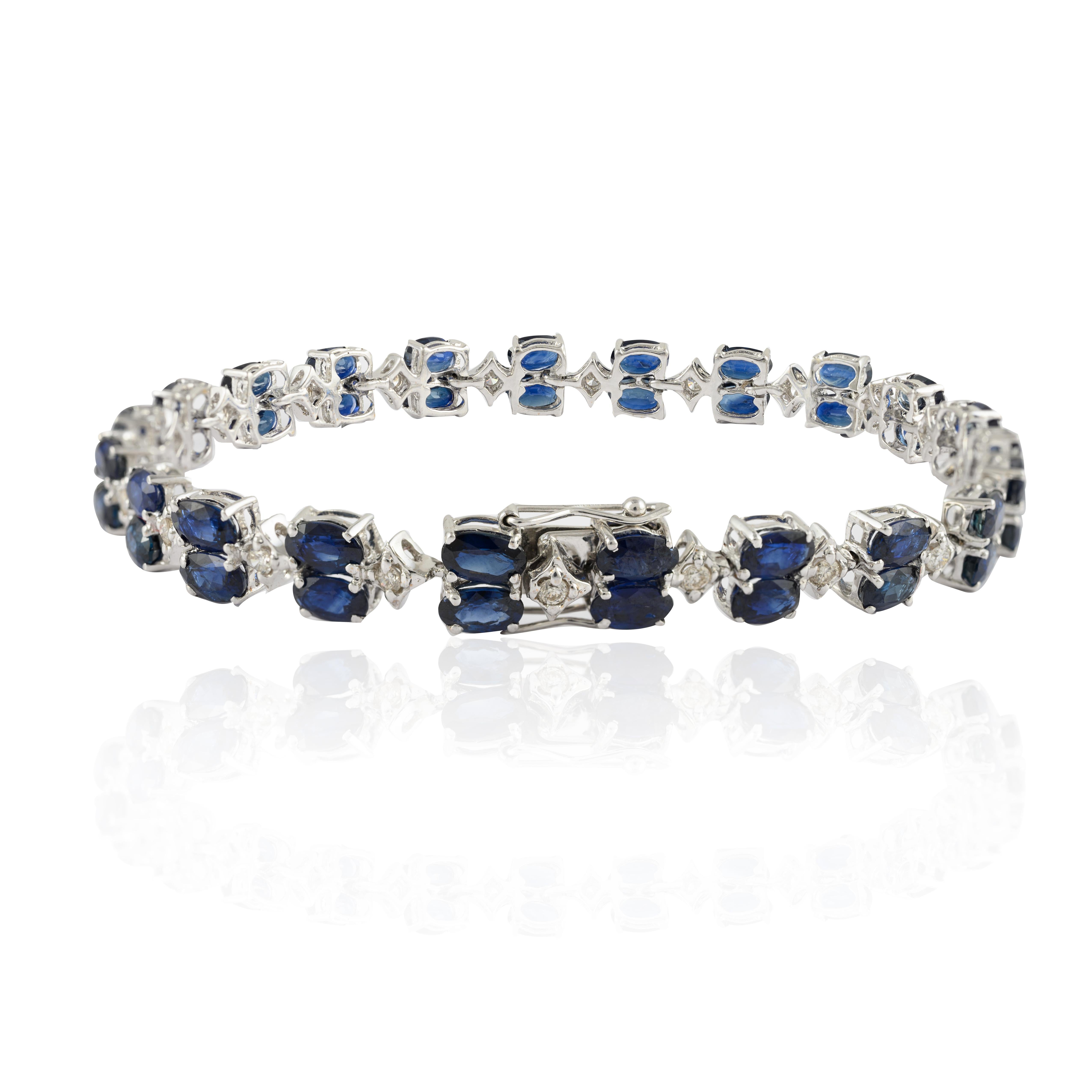 Oval Cut 14.37 Carat Blue Sapphire Diamond 14k Solid White Gold Wedding Bracelet For Sale