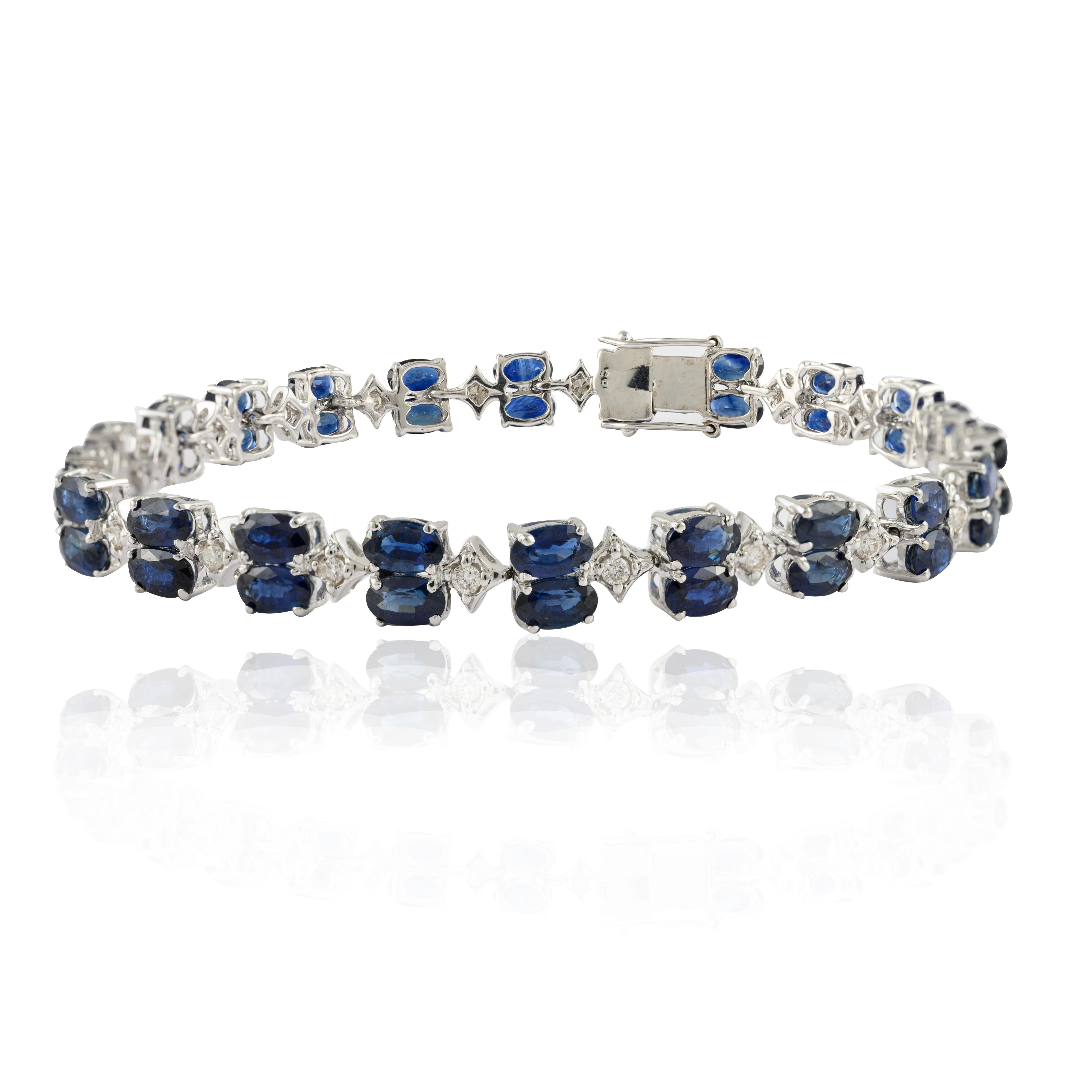 Women's 14.37 Carat Blue Sapphire Diamond 14k Solid White Gold Wedding Bracelet For Sale