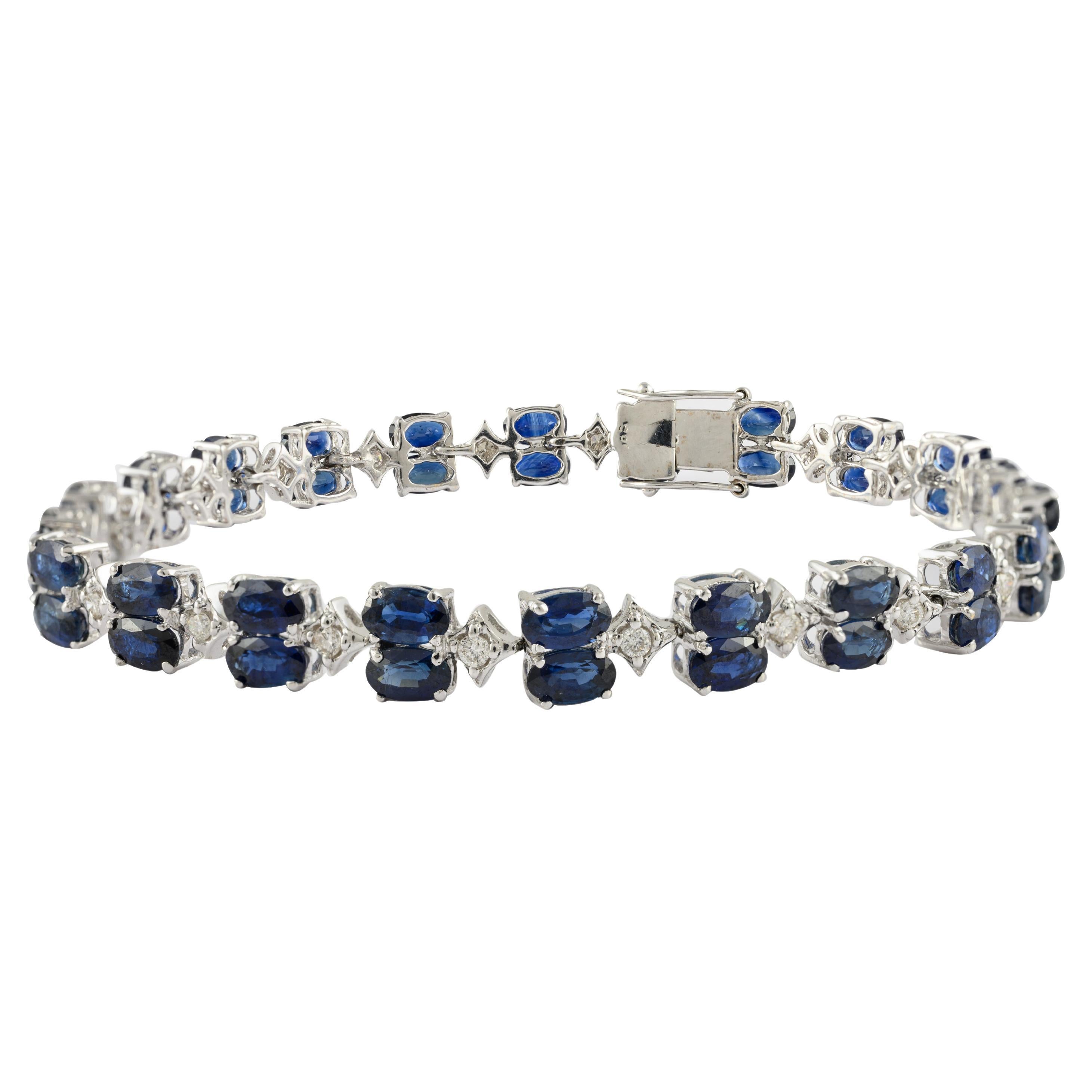 Bracelet de mariage en or blanc massif 14 carats avec saphir bleu de 14,37 carats et diamants