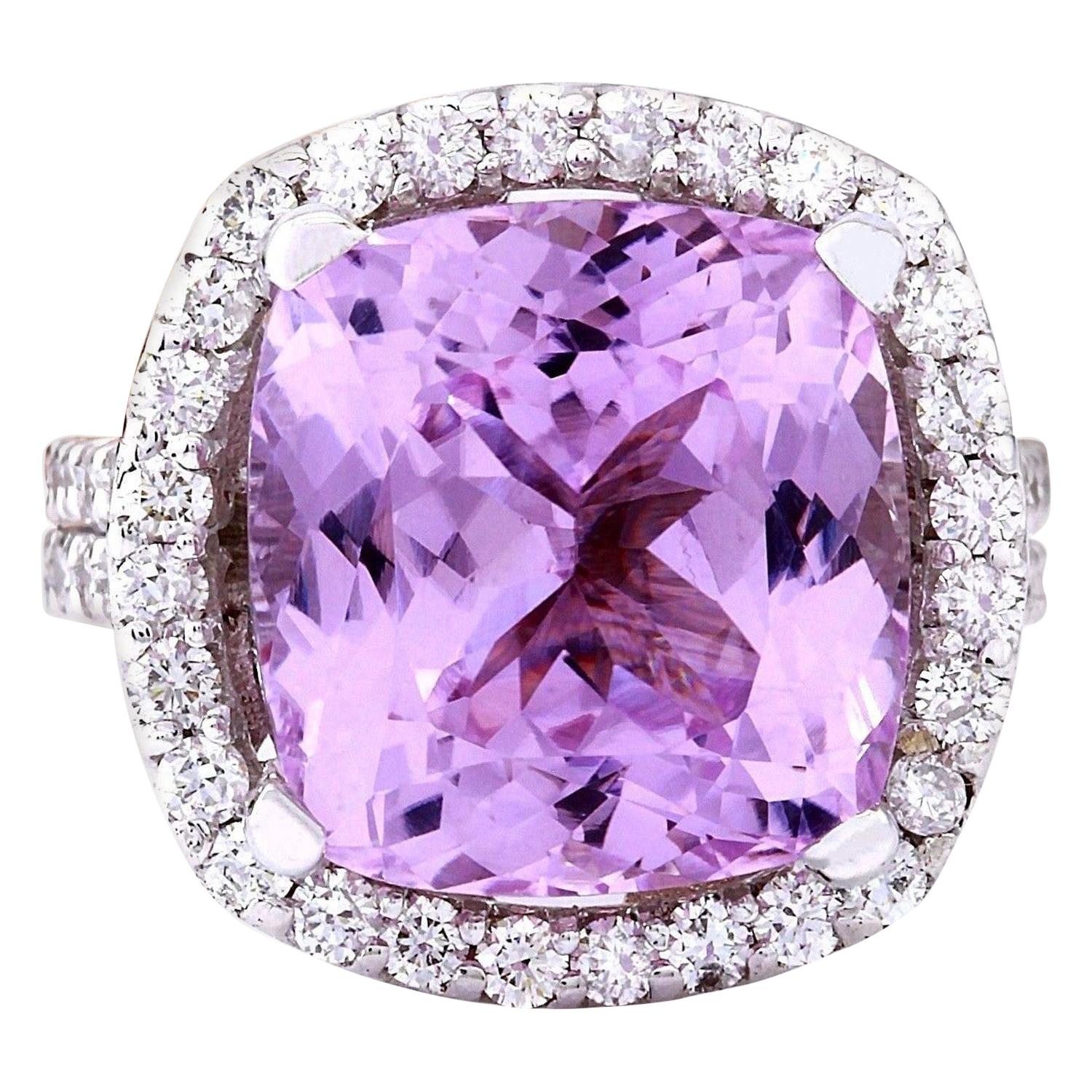 14.37 Carat Natural Kunzite 18 Karat Solid White Gold Diamond Ring For