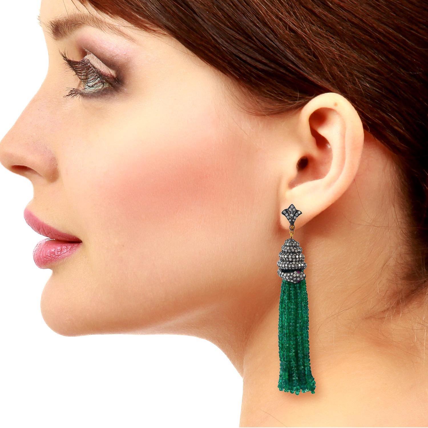 These stunning tassel snake earrings is handmade in 18-karat gold & sterling silver, 143.75 carats emerald and set with 6.35 carats of glittering diamonds. 

FOLLOW  MEGHNA JEWELS storefront to view the latest collection & exclusive pieces.  Meghna