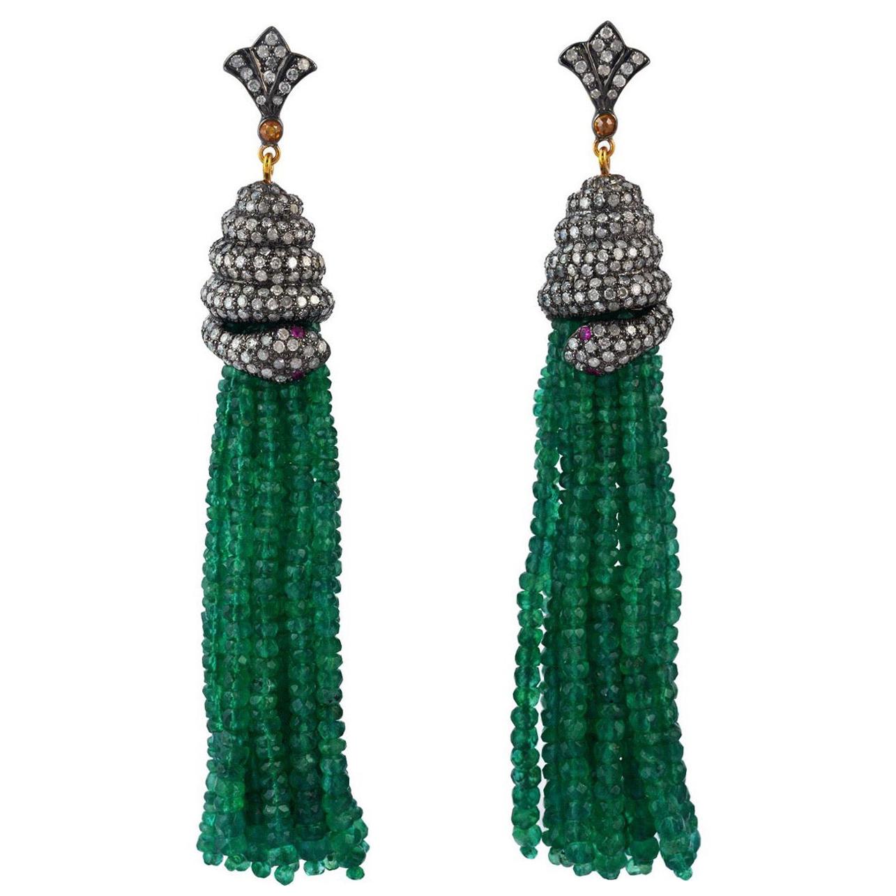 143.75 Carat Emerald Diamond Tassel Snake Earrings