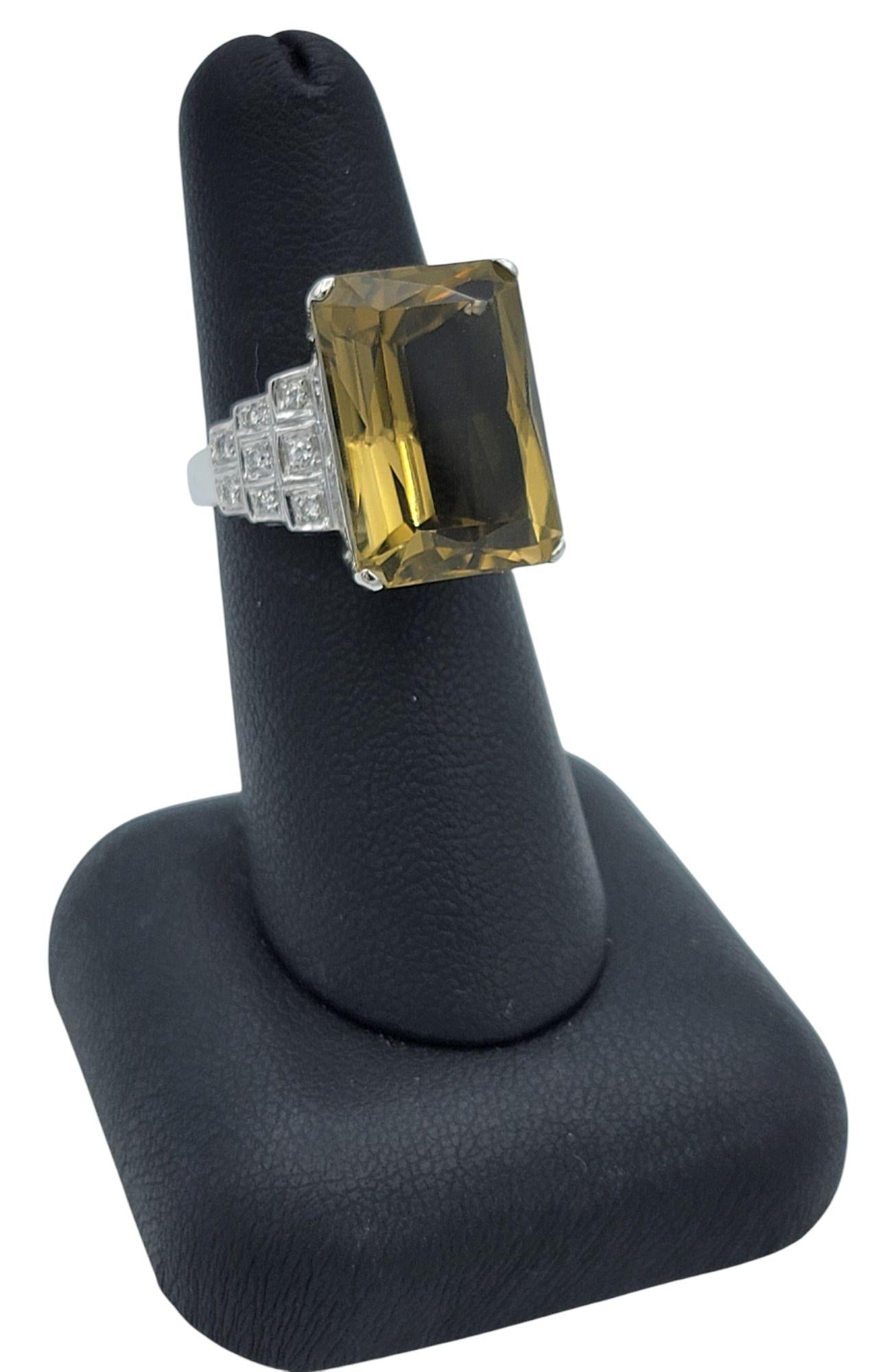 14.38 Carat Emerald Cut Lemon Citrine Cocktail Ring with Diamonds 18 Karat Gold For Sale 5
