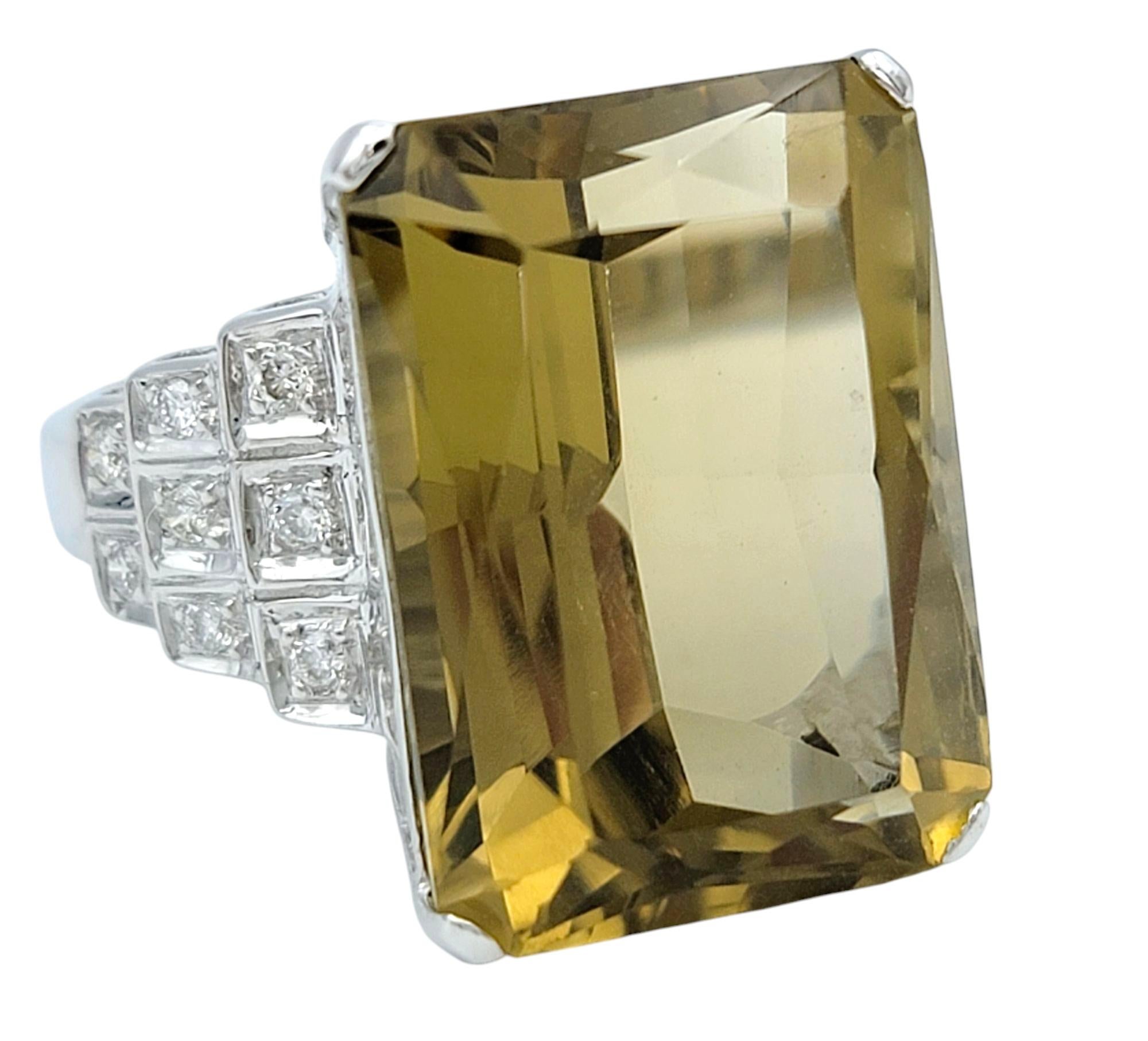 Contemporary 14.38 Carat Emerald Cut Lemon Citrine Cocktail Ring with Diamonds 18 Karat Gold For Sale