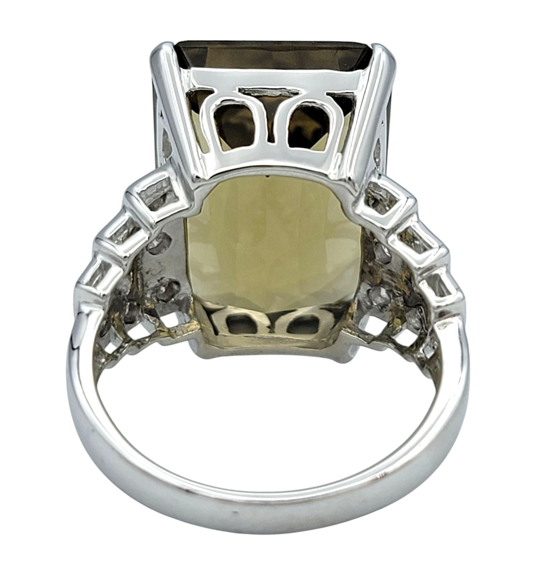 Women's 14.38 Carat Emerald Cut Lemon Citrine Cocktail Ring with Diamonds 18 Karat Gold For Sale