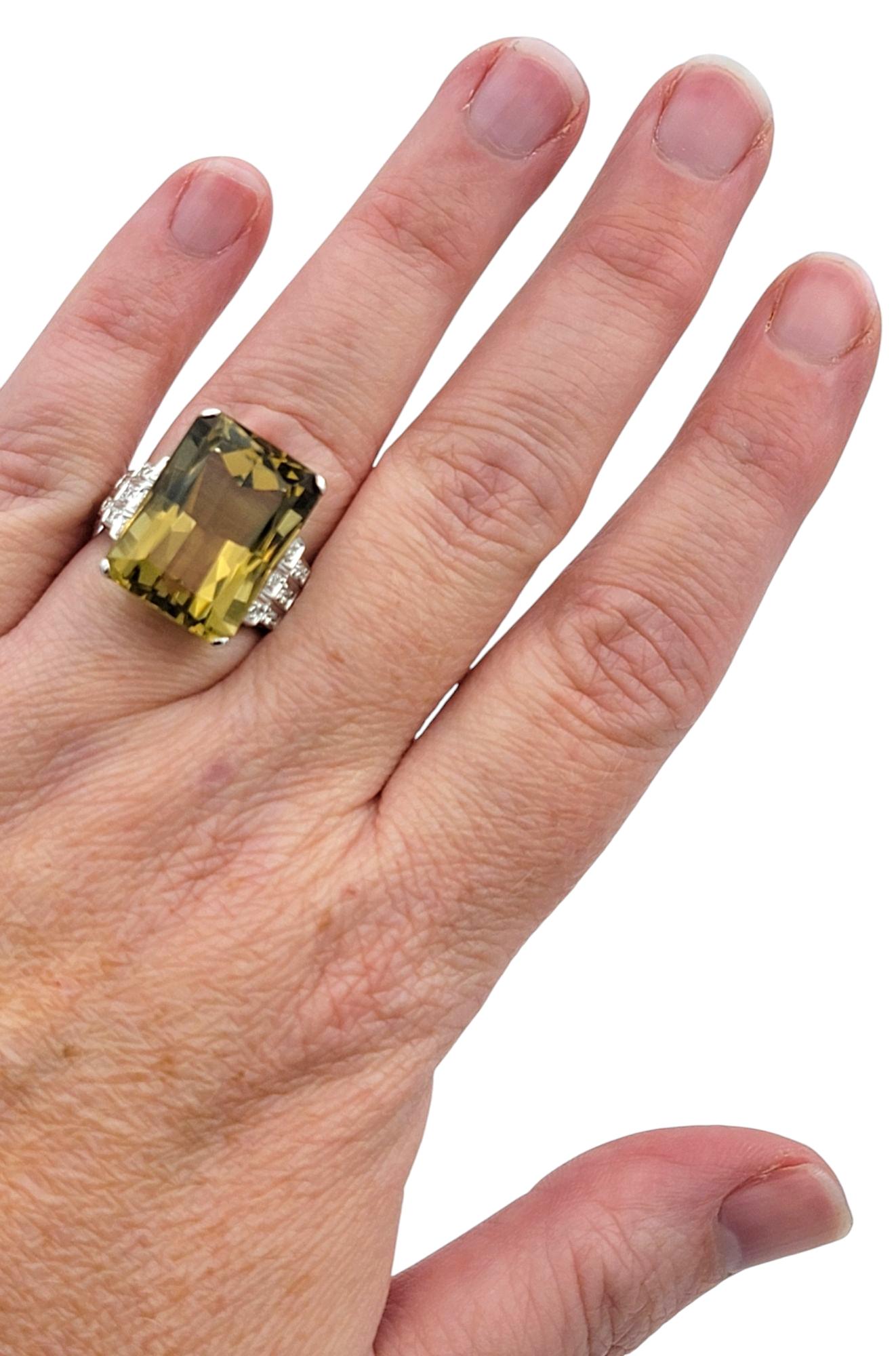 14.38 Carat Emerald Cut Lemon Citrine Cocktail Ring with Diamonds 18 Karat Gold For Sale 2