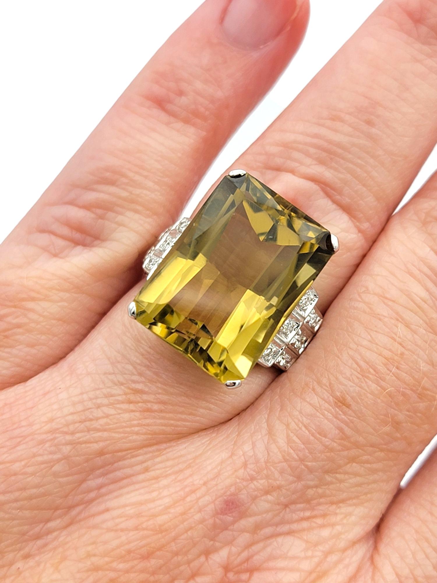 14.38 Carat Emerald Cut Lemon Citrine Cocktail Ring with Diamonds 18 Karat Gold For Sale 3