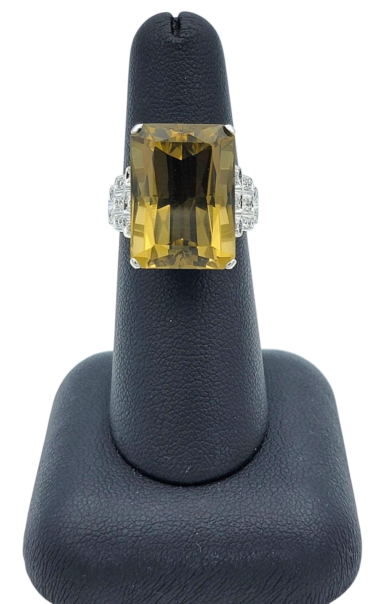 14.38 Carat Emerald Cut Lemon Citrine Cocktail Ring with Diamonds 18 Karat Gold For Sale 4