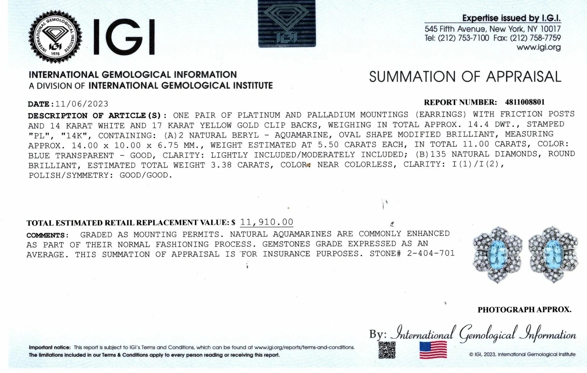 14,38 ct IGI Certificado Diamante Aguamarina Oval Pendientes Juego de Platino en Excelente estado para la venta en Chicago, IL