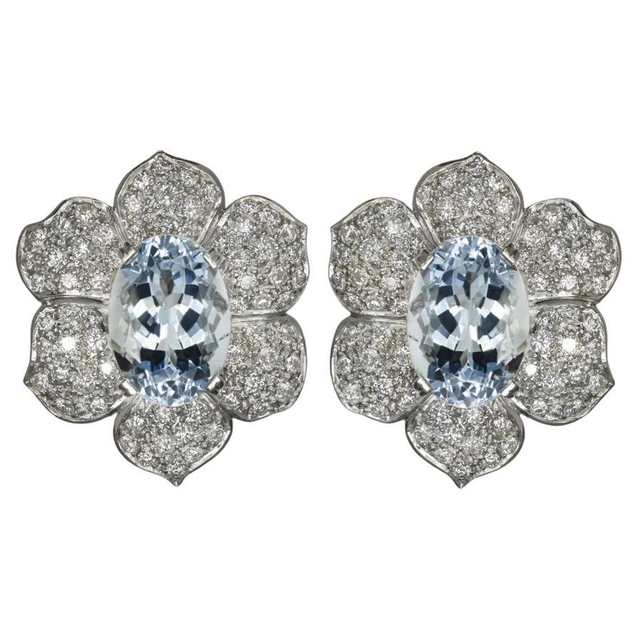 14.38 ct IGI Certified Oval Aquamarine Diamond Stud Earrings Platinum Set