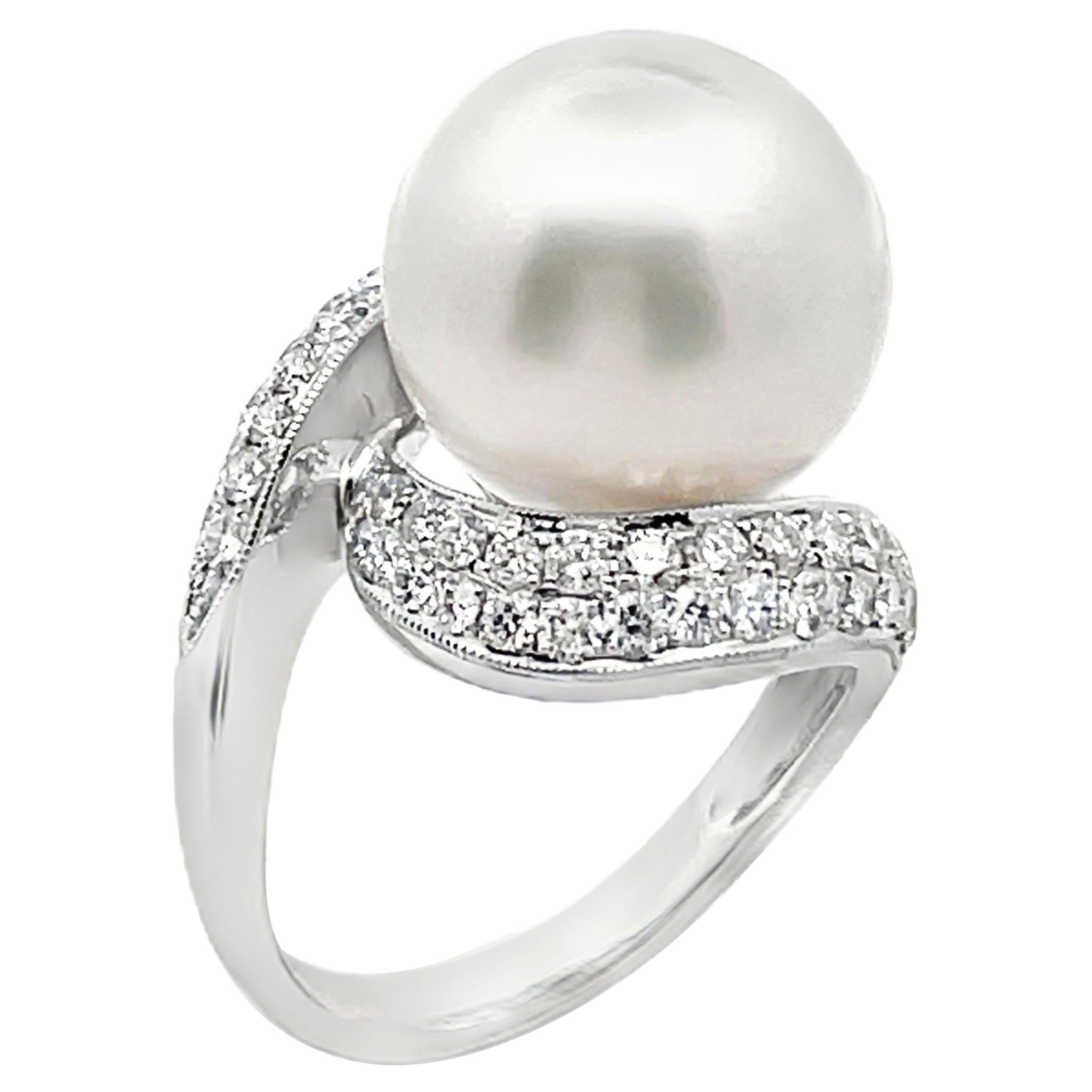 14.38 Millimeter South Sea Pearl Set in Bypass Style 18K White Gold Diamond Ring