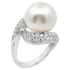 14.38 Millimeter South Sea Pearl Set in Bypass Style 18K White Gold Diamond Ring