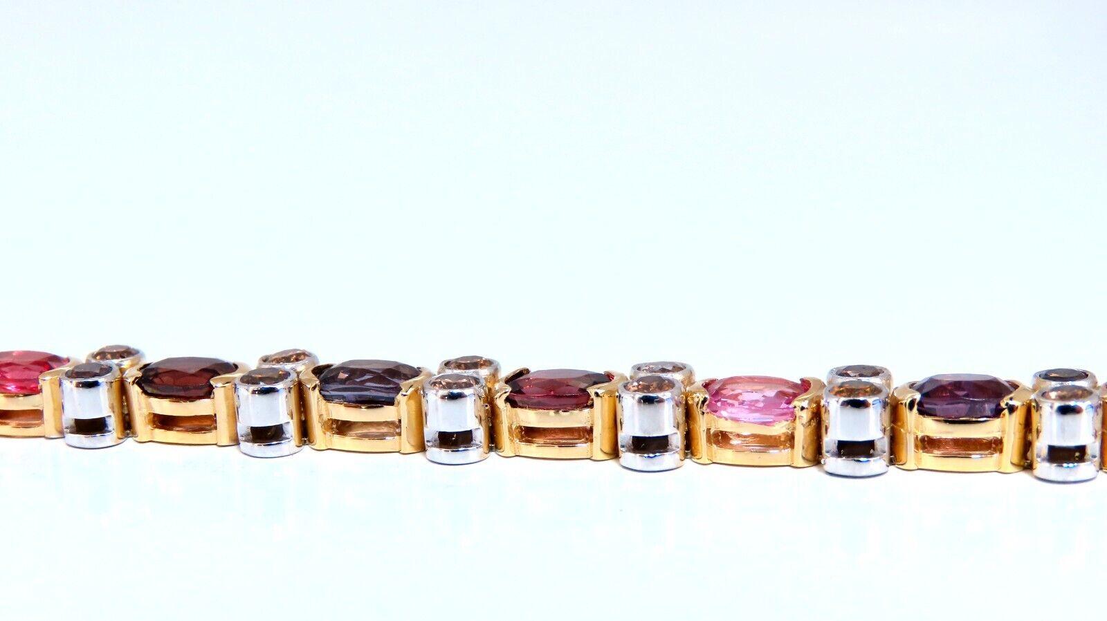 Gem-line Prime

14.38ct Natural Spinel bracelet.

Red, Blues, Orange, Yellows and pinks

Average 6 x 4mm

 

Natural Round Diamonds: 3.20ct. 

Fancy Natural Orange Brown Vs-2 clarity.

14kt. white & yellow gold, 23 grams

Bracelet measures 7