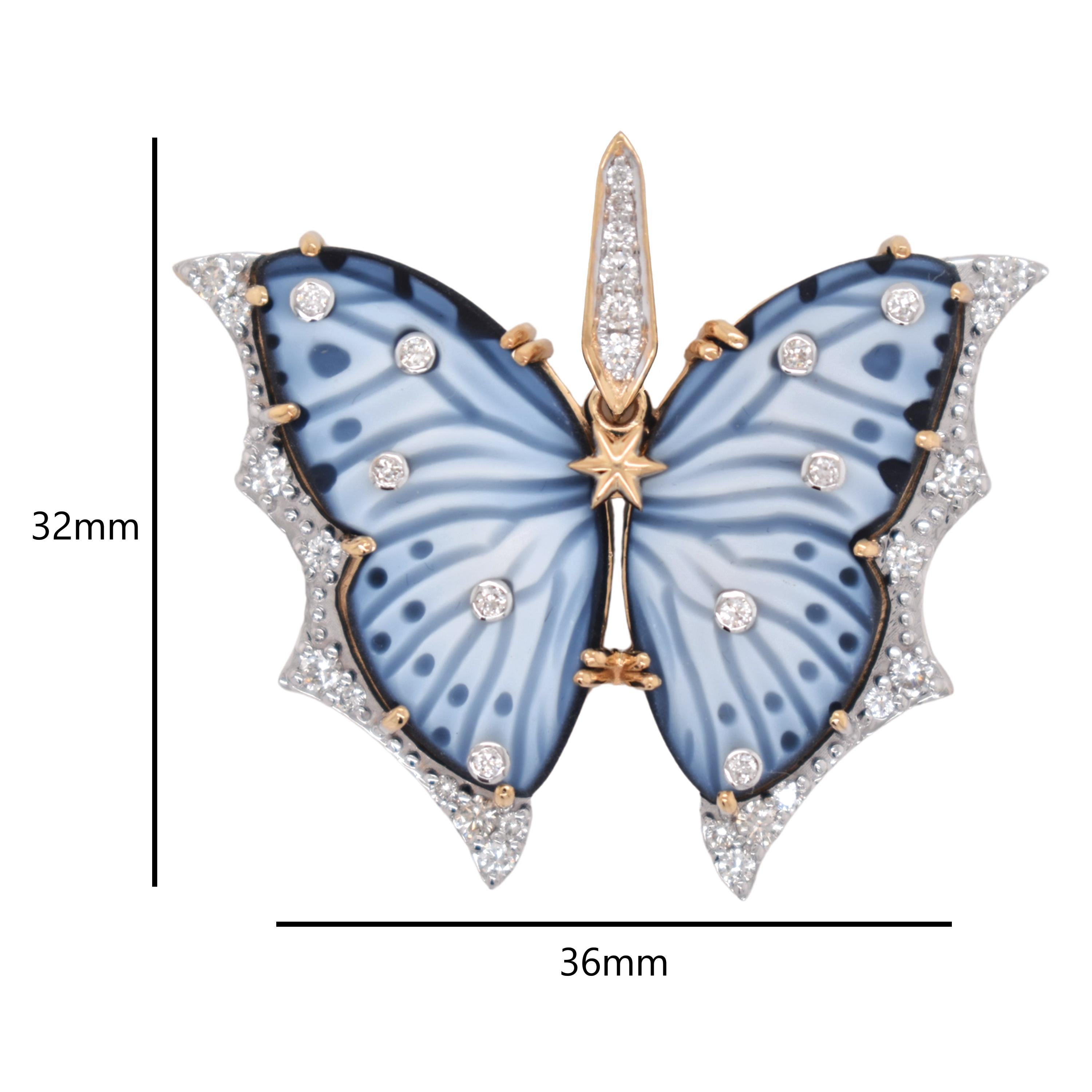Taille mixte 14.39 Carat Agate Naturelle Papillon Diamant pendentif en or sculpté à la main en vente