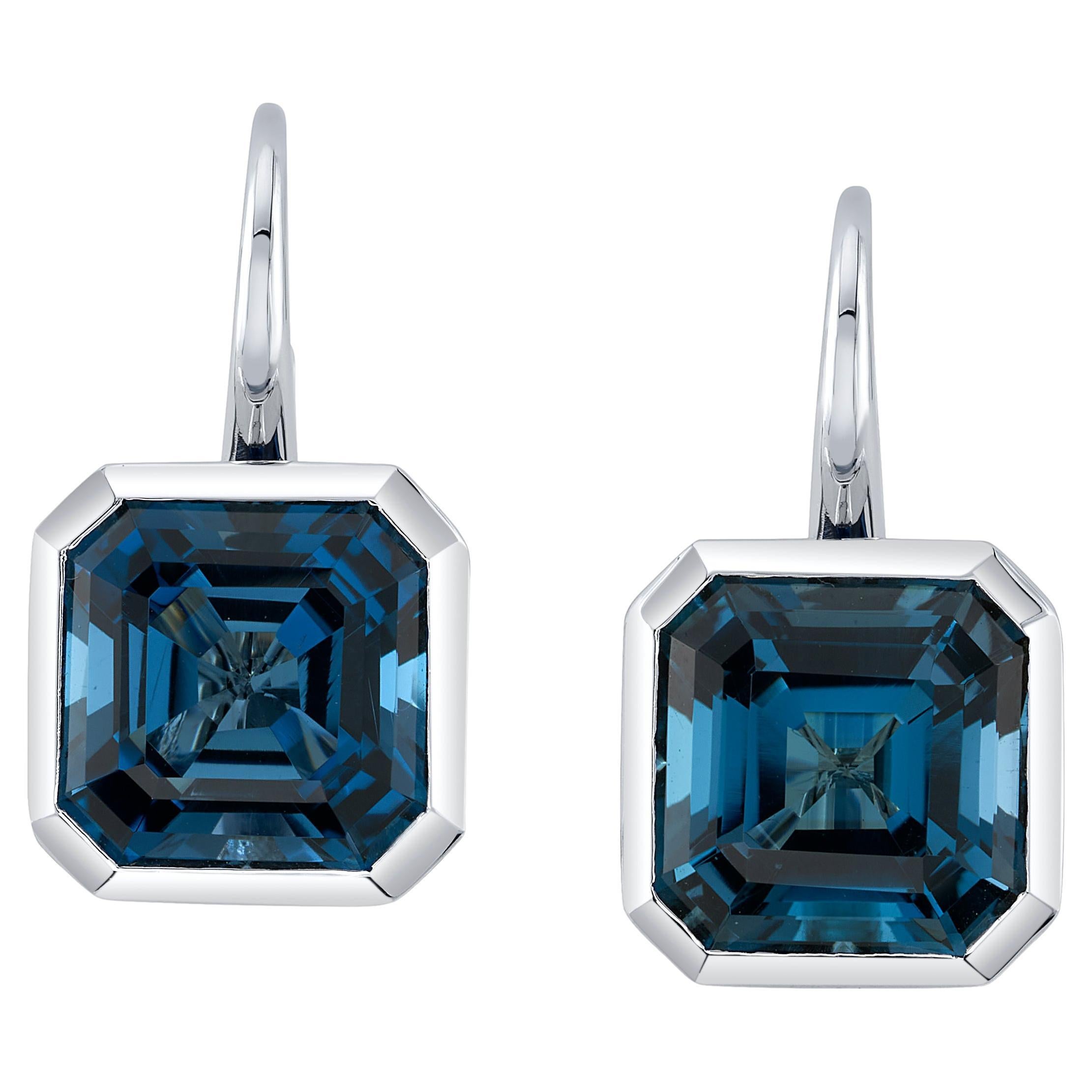 London Blue Topaz Drop Earrings in White Gold, 14.39 Carats Total For Sale