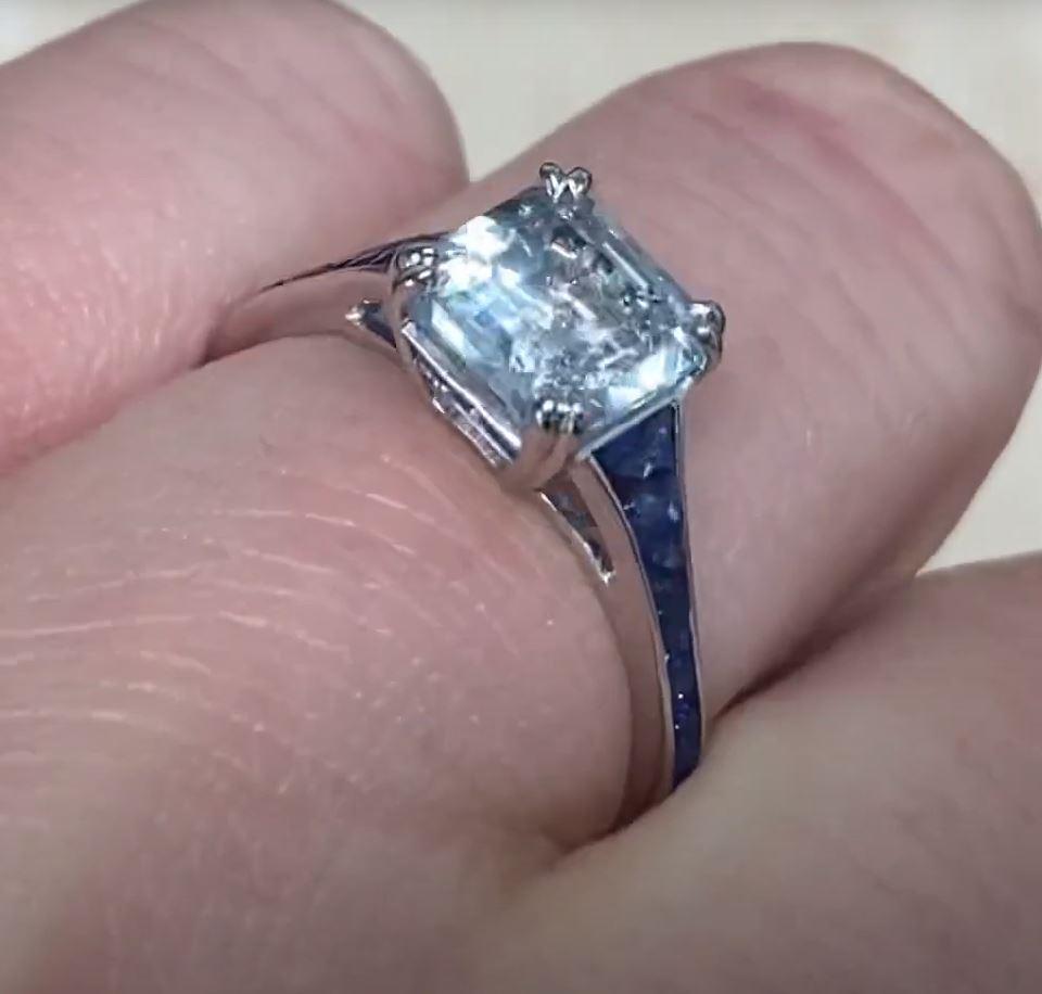 1.43ct Asscher Cut Aquamarine Engagement Ring, Platinum For Sale 1