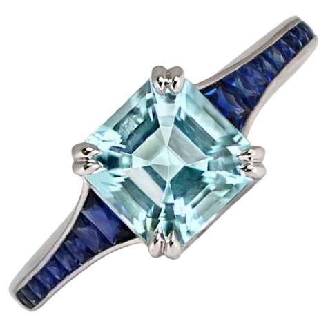 1.43ct Asscher Cut Aquamarine Engagement Ring, Platinum For Sale