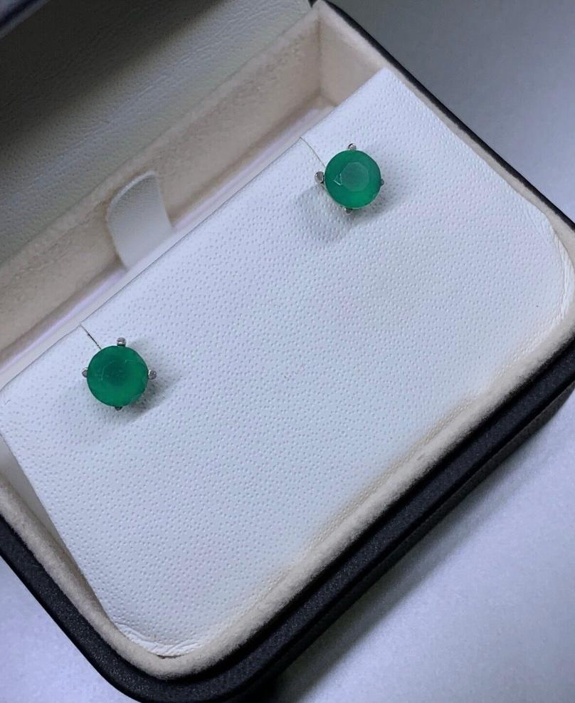 Rough Cut 1.43ct Emerald Lab Solitaire Stud Earrings 18ct White Gold For Sale