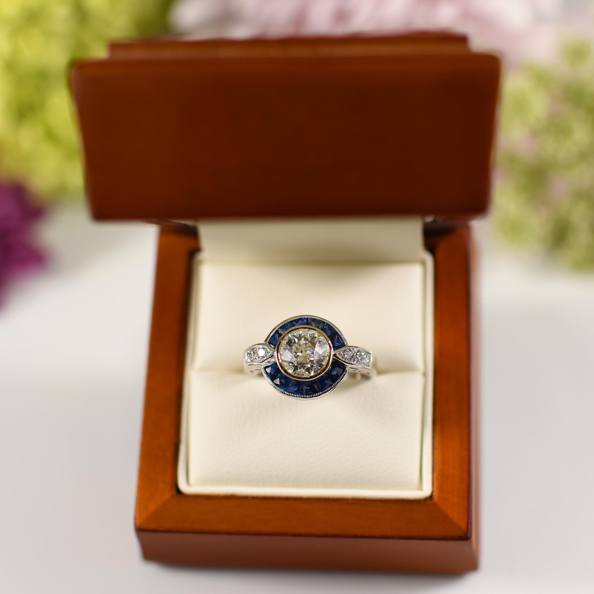 1.43ct Old European Cut Diamond & French Cut Sapphire Art Deco Inspired 18K Ring In Good Condition For Sale In Addison, TX