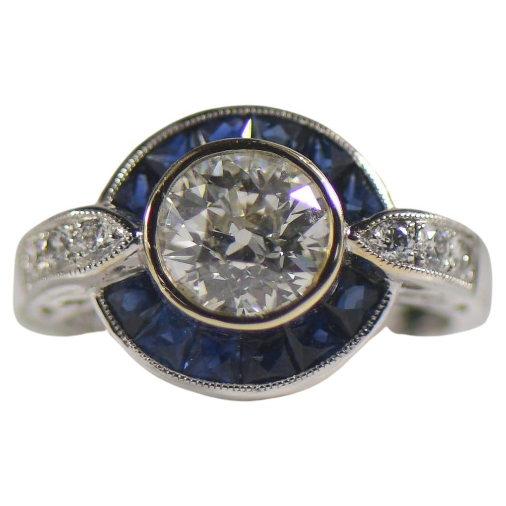 1.43ct Old European Cut Diamond & French Cut Sapphire Art Deco Inspired 18K Ring For Sale