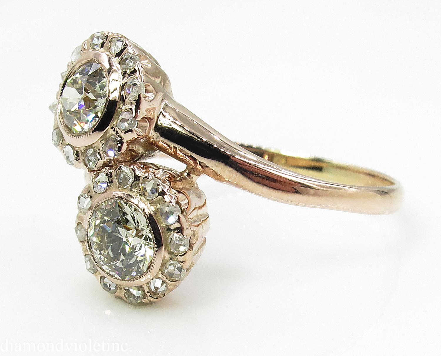 An Estate Vintage BEAUTIFUL CROSSOVER Diamond Engagement, Anniversary, Wedding or Right Hand Ring! The ring contains Two Large Gemologic Appraised Old European Diamonds in J-K color, VS2-SI1 clarity. Super Bright and Brilliant! The Total Weight of