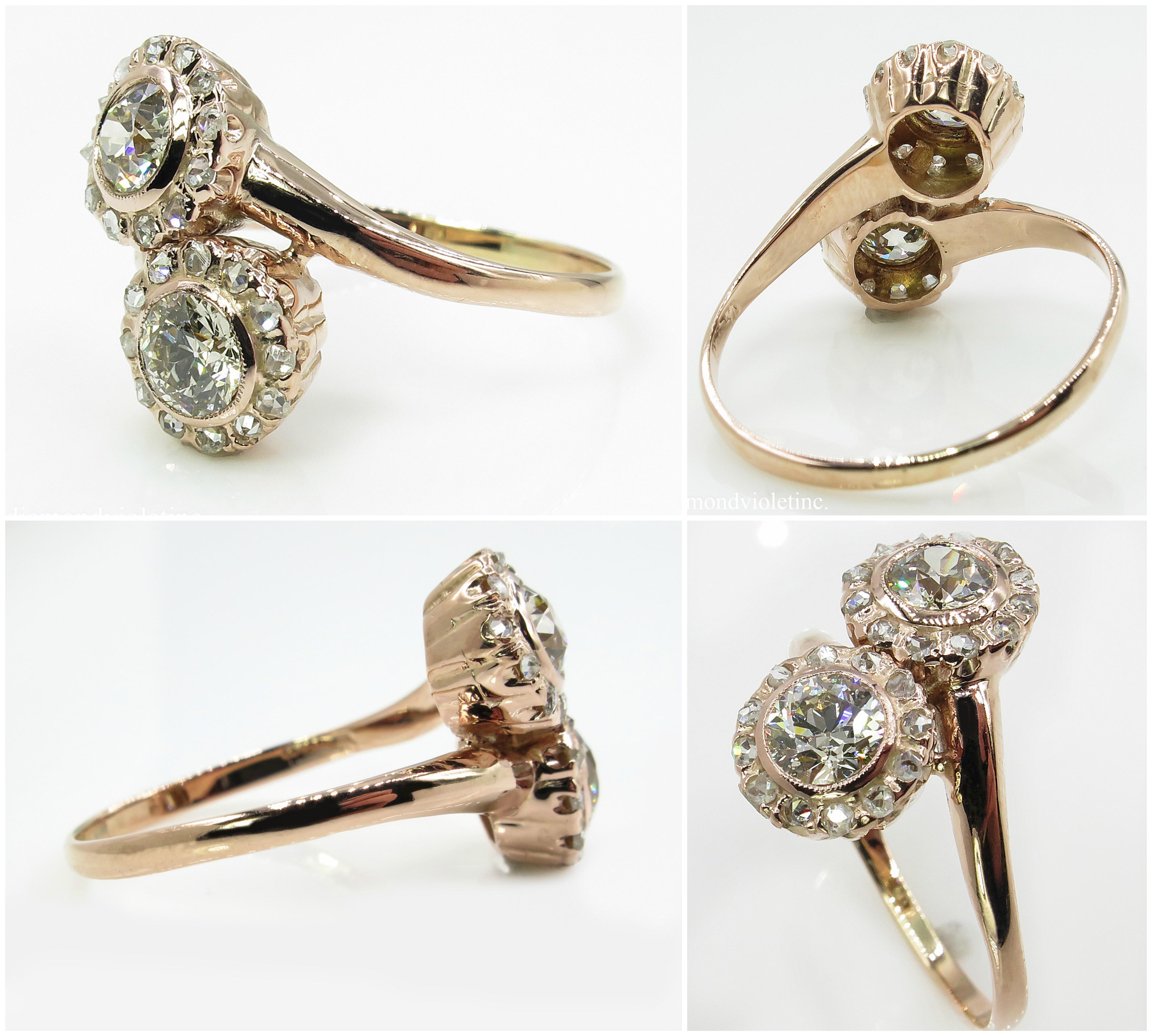 1.43 Carat Old European Diamond Bypass Crossover Cocktail Rose Gold Ring In Good Condition In New York, NY