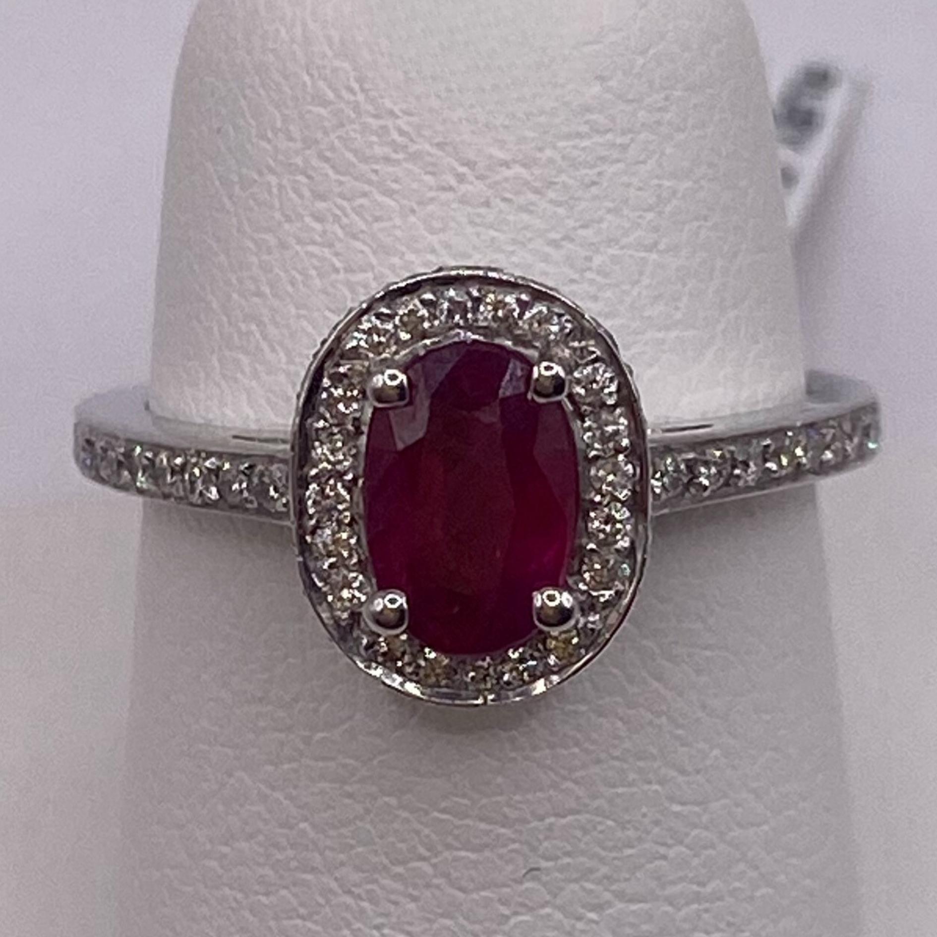 Modern 1.43ct Oval Ruby & Round Diamond Ring in 18KT White Gold For Sale