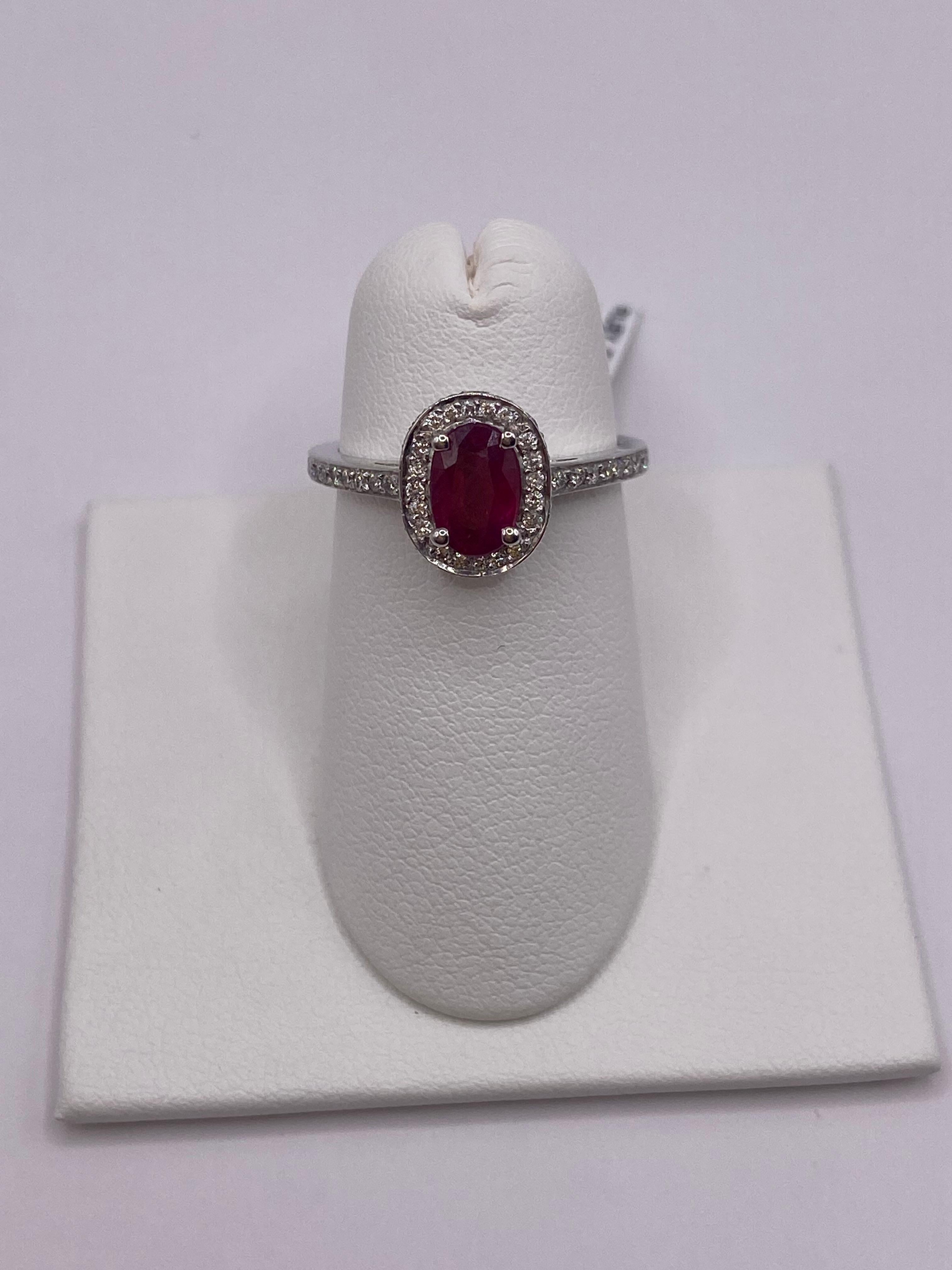 Oval Cut 1.43ct Oval Ruby & Round Diamond Ring in 18KT White Gold For Sale