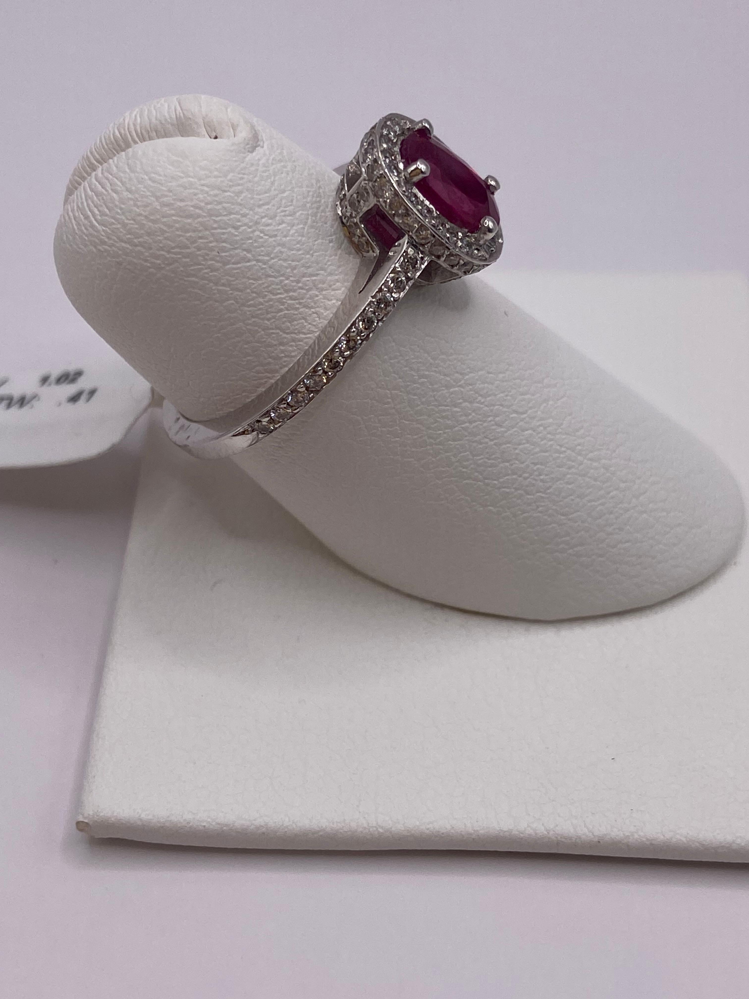 1.43ct Oval Ruby & Round Diamond Ring in 18KT White Gold In New Condition For Sale In New York, NY