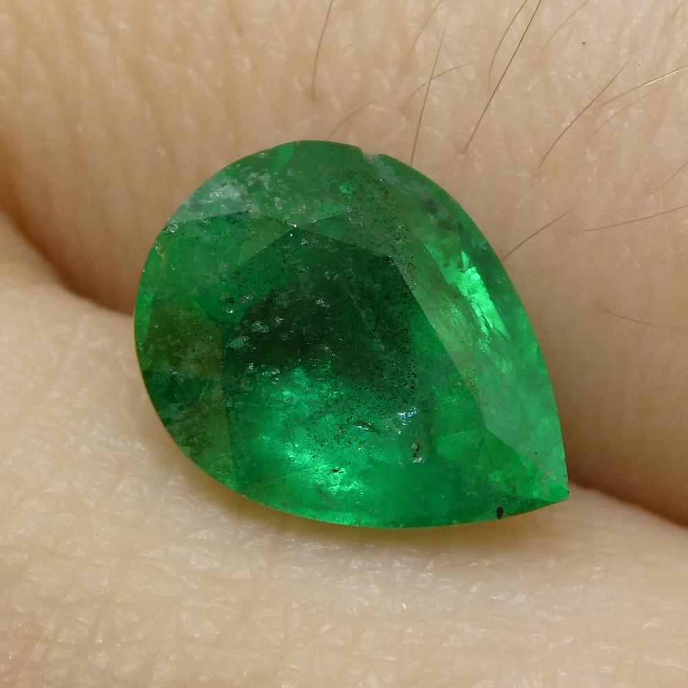 Description:

Gem Type: Emerald 
Number of Stones: 1
Weight: 1.43 cts
Measurements: 8.77 x 6.77 x 4.48 mm
Shape: Pear Shape
Cutting Style Crown: Brilliant Cut
Cutting Style Pavilion: Step Cut 
Transparency: Transparent
Clarity: Moderately Included: