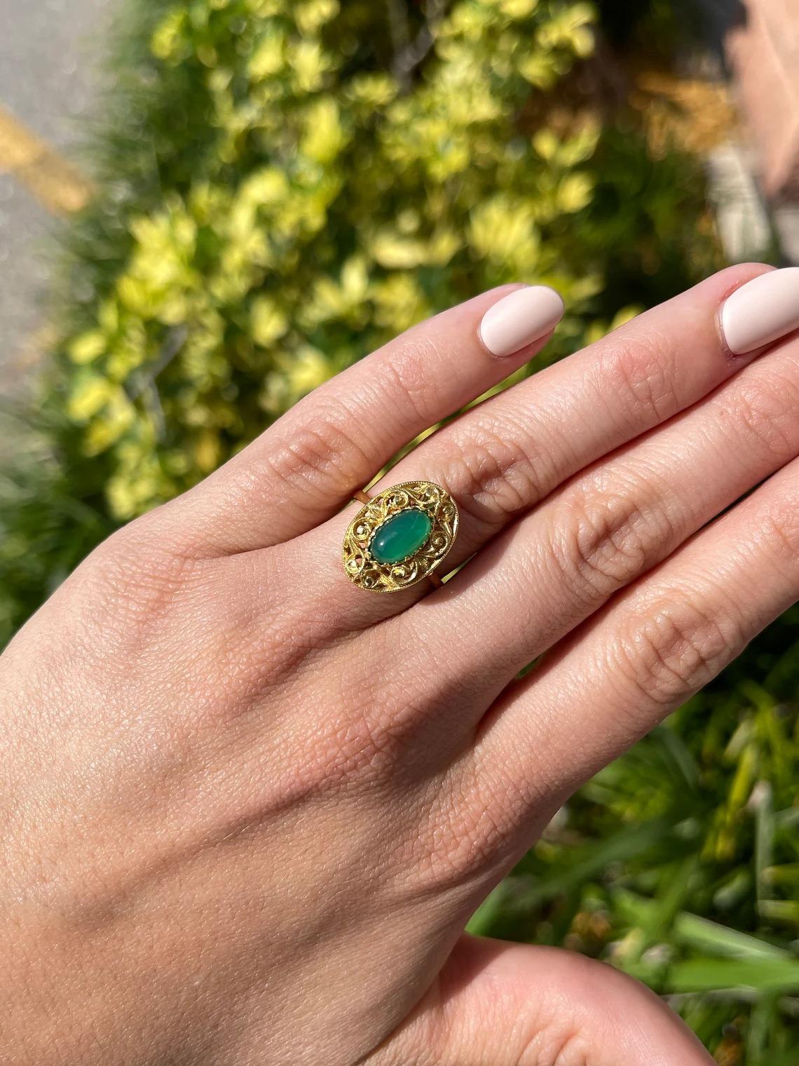 Art Deco Handmade 2.03cts 18K Natural Green Cabochon Elongated Oval Floral Antique Ring For Sale