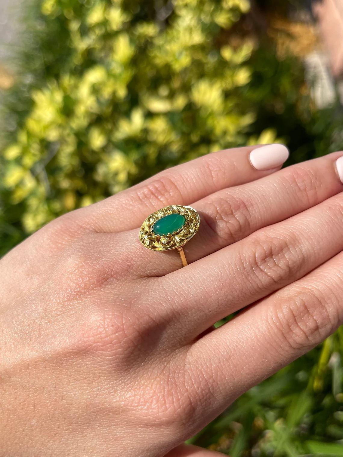 Handmade 2.03cts 18K Natural Green Cabochon Elongated Oval Floral Antique Ring In New Condition For Sale In Jupiter, FL