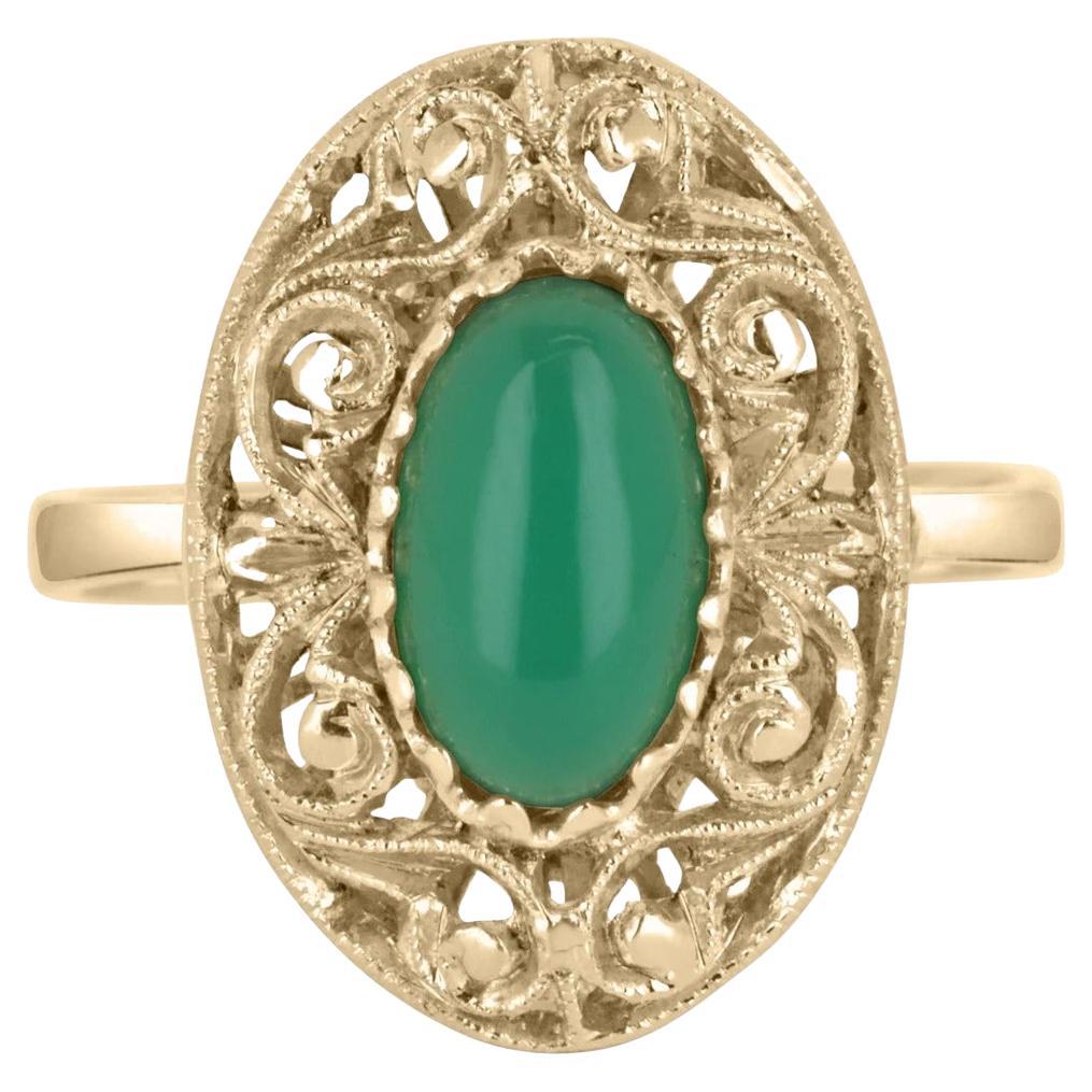Handmade 2.03cts 18K Natural Green Cabochon Elongated Oval Floral Antique Ring For Sale
