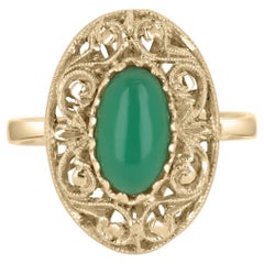 Handmade 2.03cts 18K Natural Green Cabochon Elongated Oval Floral Antique Ring