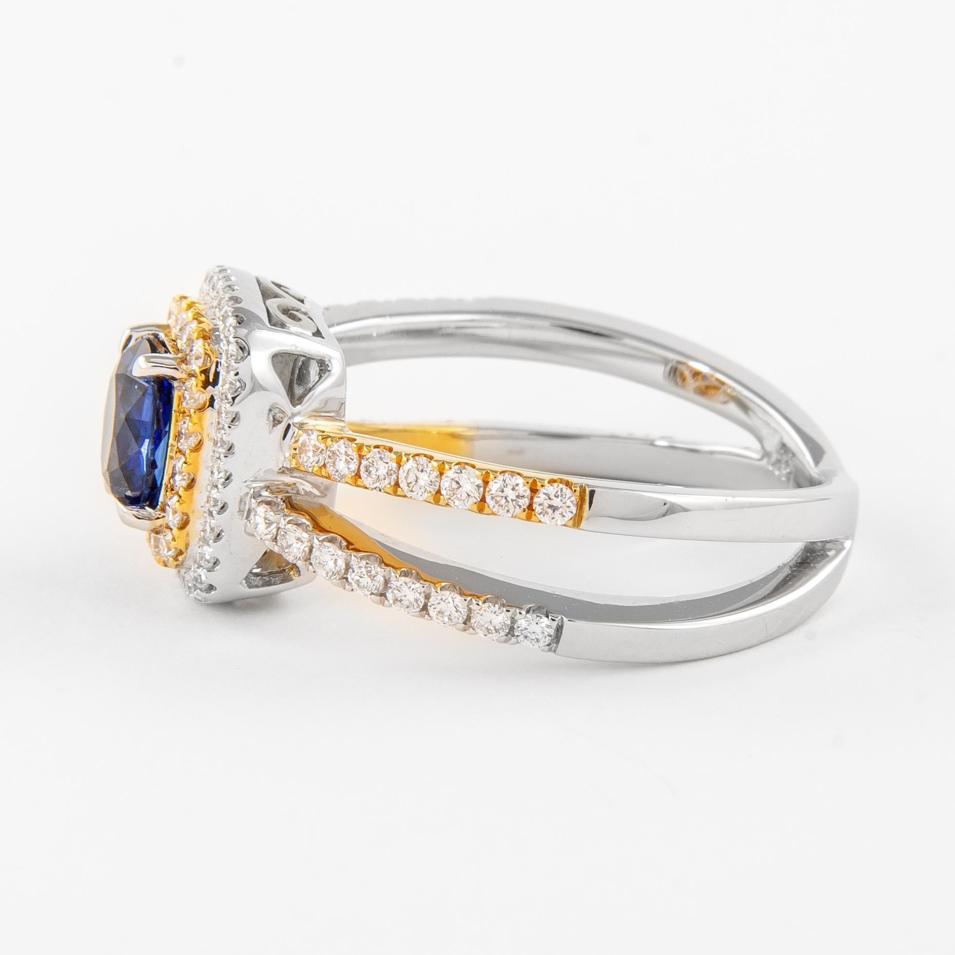 Contemporary 1.43ctt Sapphire and Diamond Ring with Halo White & Yellow Gold For Sale