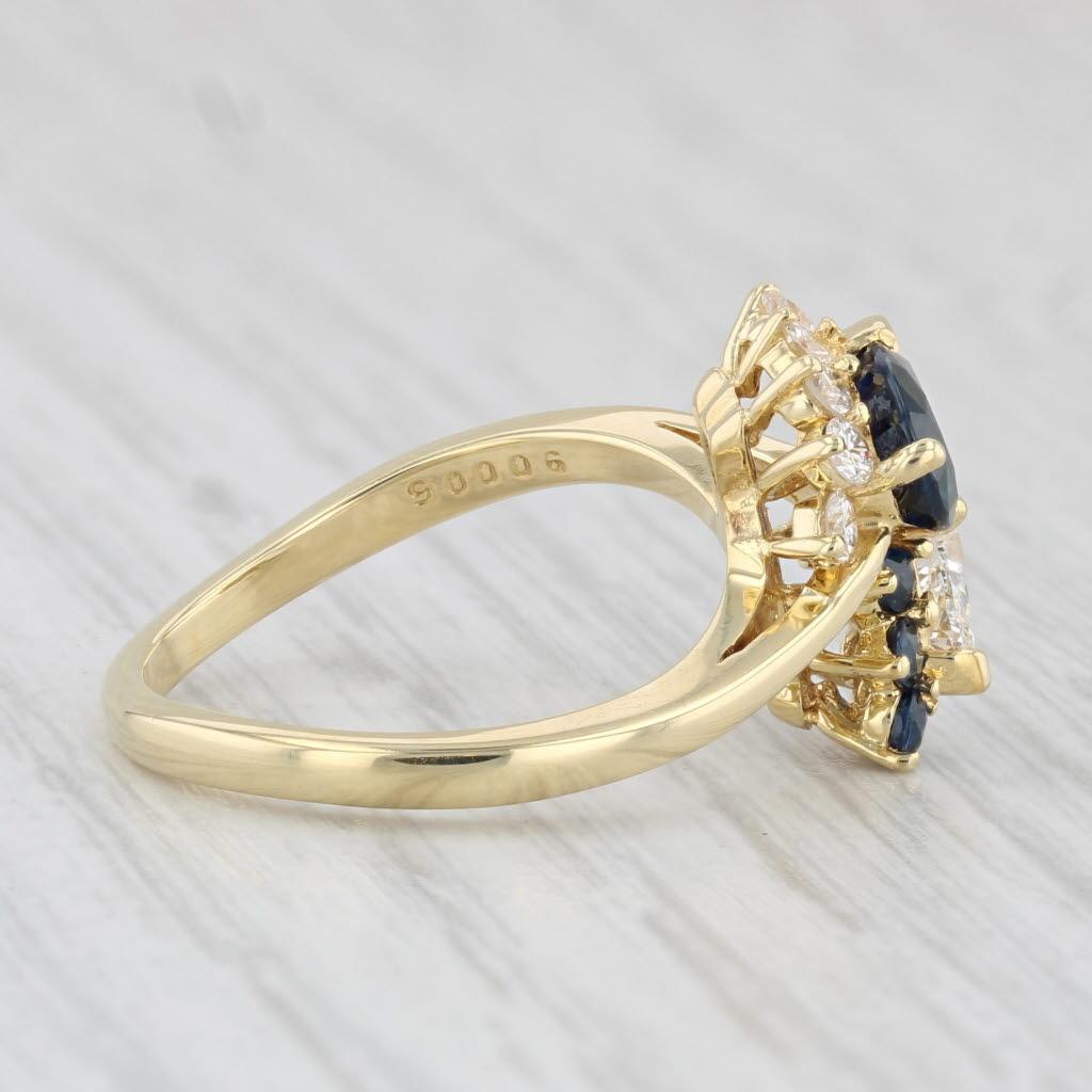 Pear Cut 1.43ctw Diamond Blue Sapphire Bypass Ring 18k Yellow Gold Size 6.25 For Sale