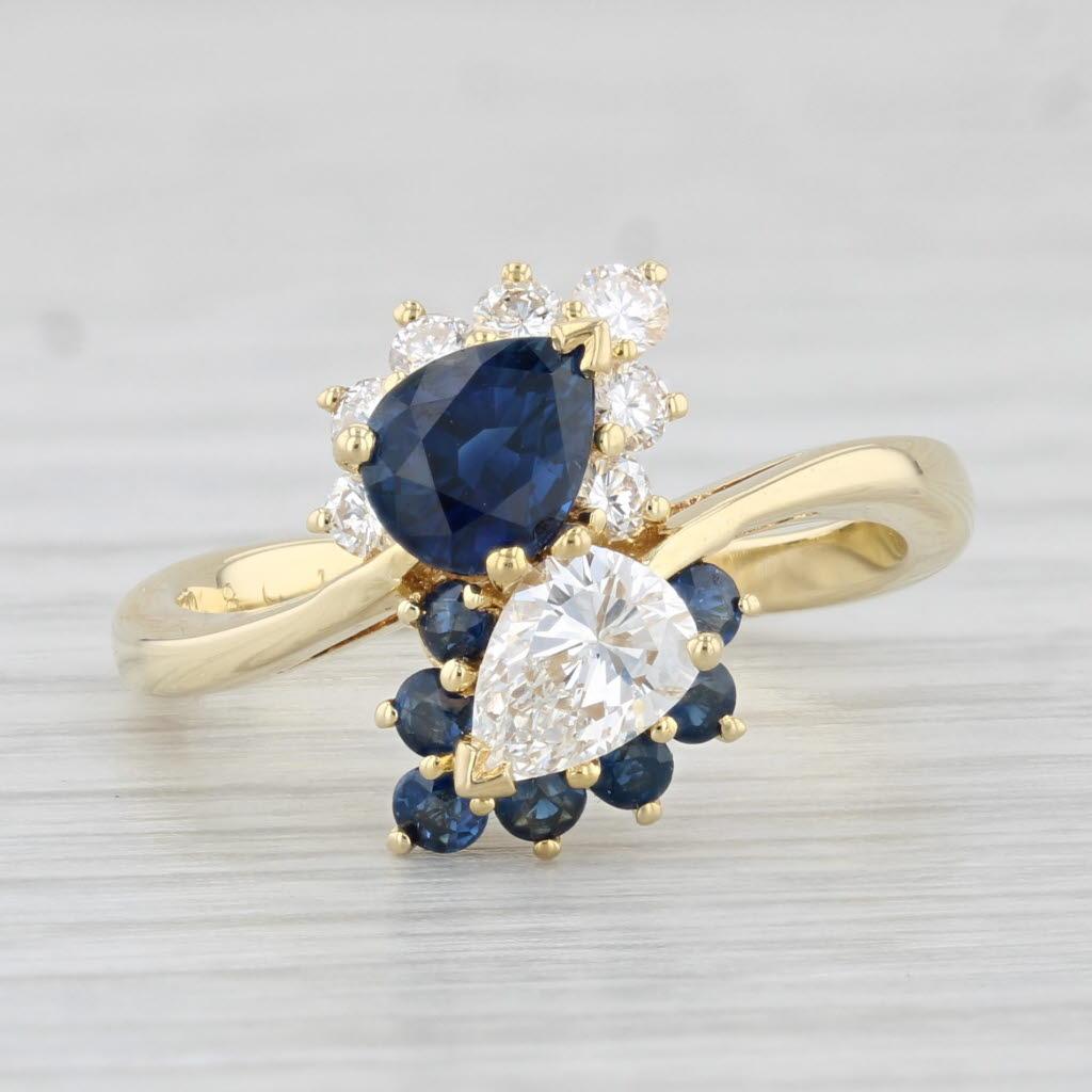 1.43ctw Diamond Blue Sapphire Bypass Ring 18k Yellow Gold Size 6.25 For Sale 1