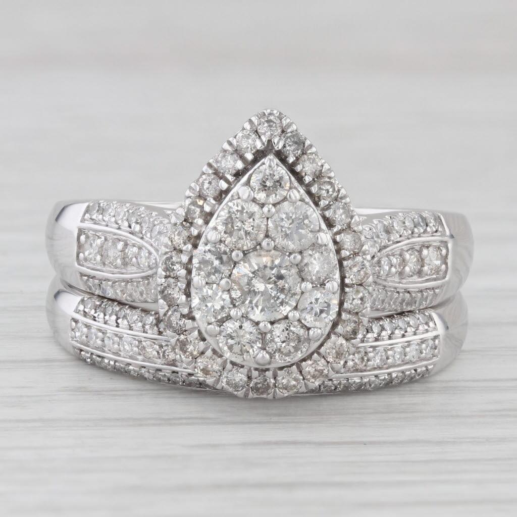 1.43ctw Diamond Pear Halo Engagement Ring Wedding Band Set 10k White Gold Sz 11 2