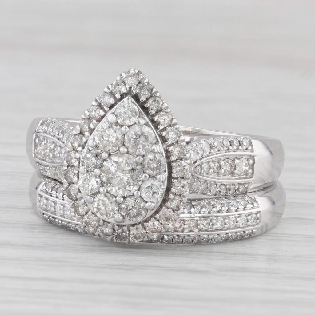 1.43ctw Diamond Pear Halo Engagement Ring Wedding Band Set 10k White Gold Sz 11 3