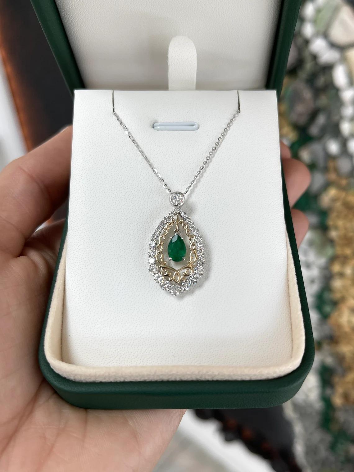 Neoclassical 1.43tcw 14K Dark Green Pear Emerald & Round Diamond Accent Vintage Two Tone Pend For Sale