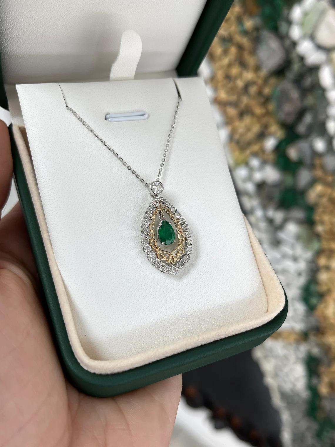 Pear Cut 1.43tcw 14K Dark Green Pear Emerald & Round Diamond Accent Vintage Two Tone Pend For Sale